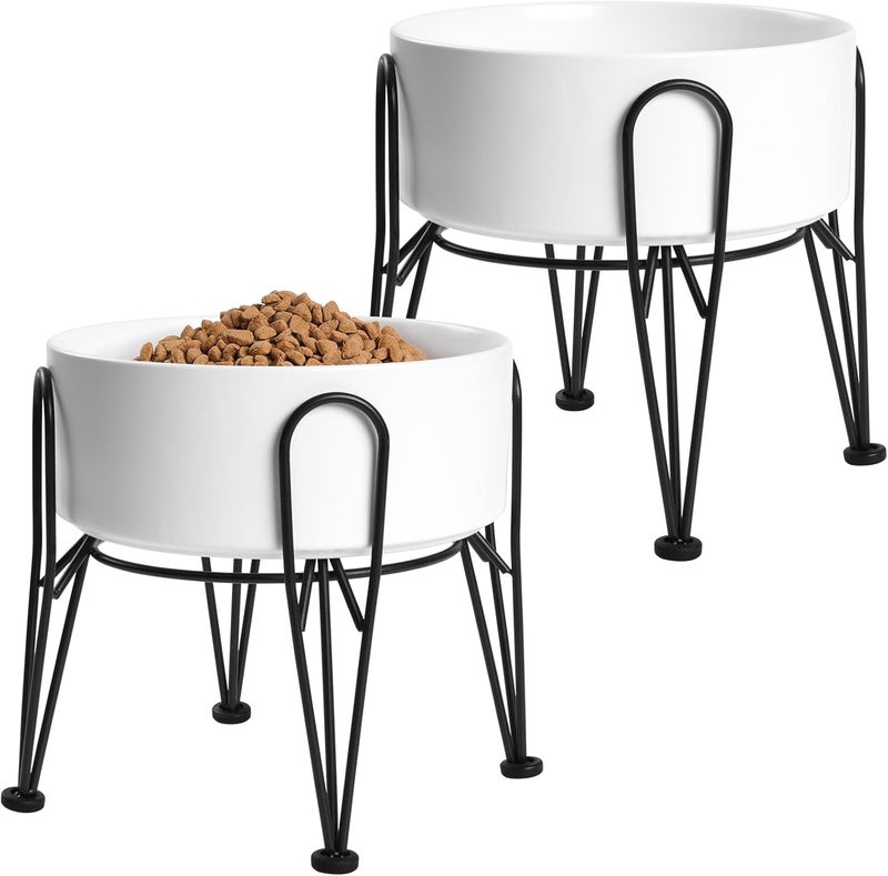 Kitwinney Elevated Dog Bowls, Ceramic Raised Dog Bowl Set with Anti-Slip and Non-Tip Metal Stand, 2 Pack Pet Food and Water Feeding Bowls for Small and Medium Dogs (White,7.6 Cups) - Image 1